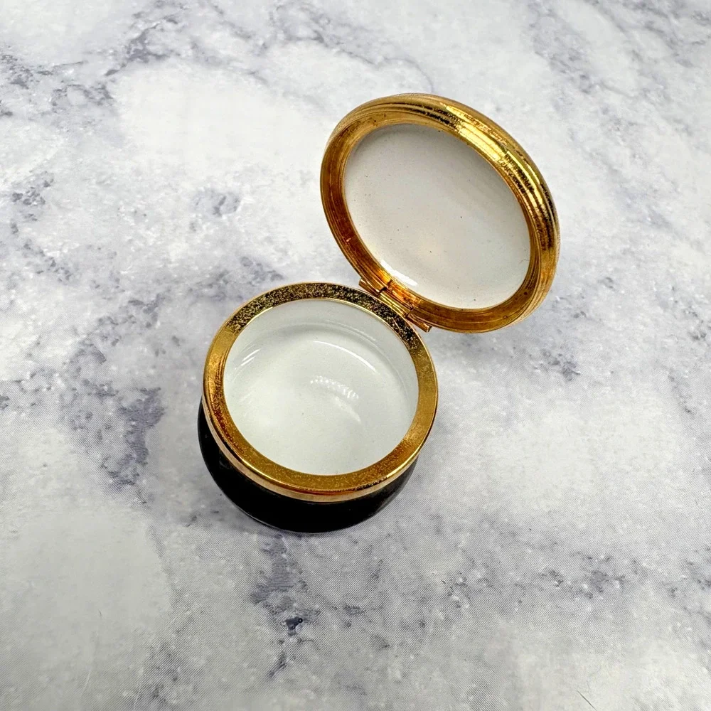 T.K.S. 1801 Enamel Trinket Pill Ring Box Swan Lake Pond White Pink Spring Beauty